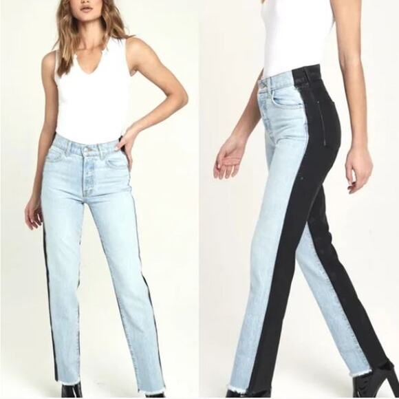 REVICE Women's Two Tone Ex Boyfriend Jeans Size 26 Button Fly High Rise Straight - Picture 1 of 12